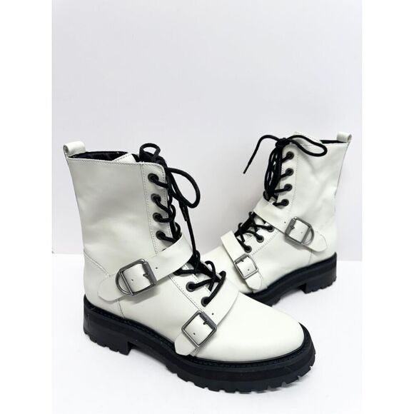 Dolce Vita Combat Boots Size 8 White Leather Round Toe Lace Up Buckle Detail NEW - Picture 6 of 10